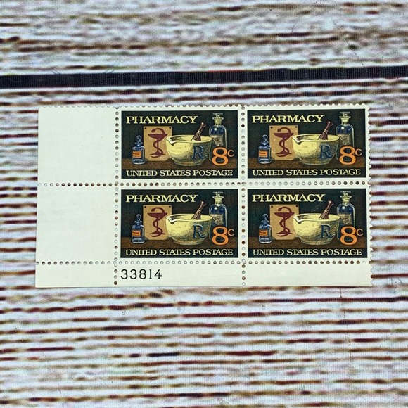 Vintage 8c Pharmacy Stamps Block of 4 Unused United States Postage Stamps - Picture 1 of 2